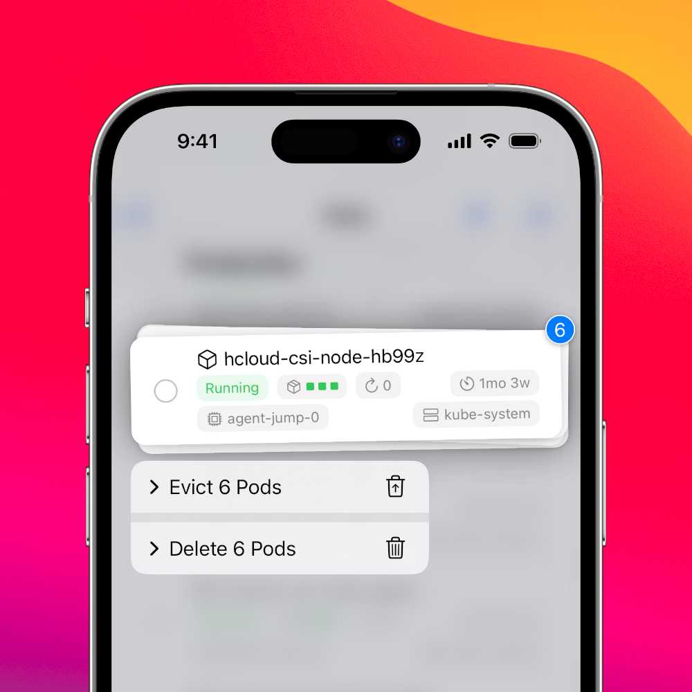 6 selected pods of a pod list on iOS with a context menu suggesting bulk operations on them
