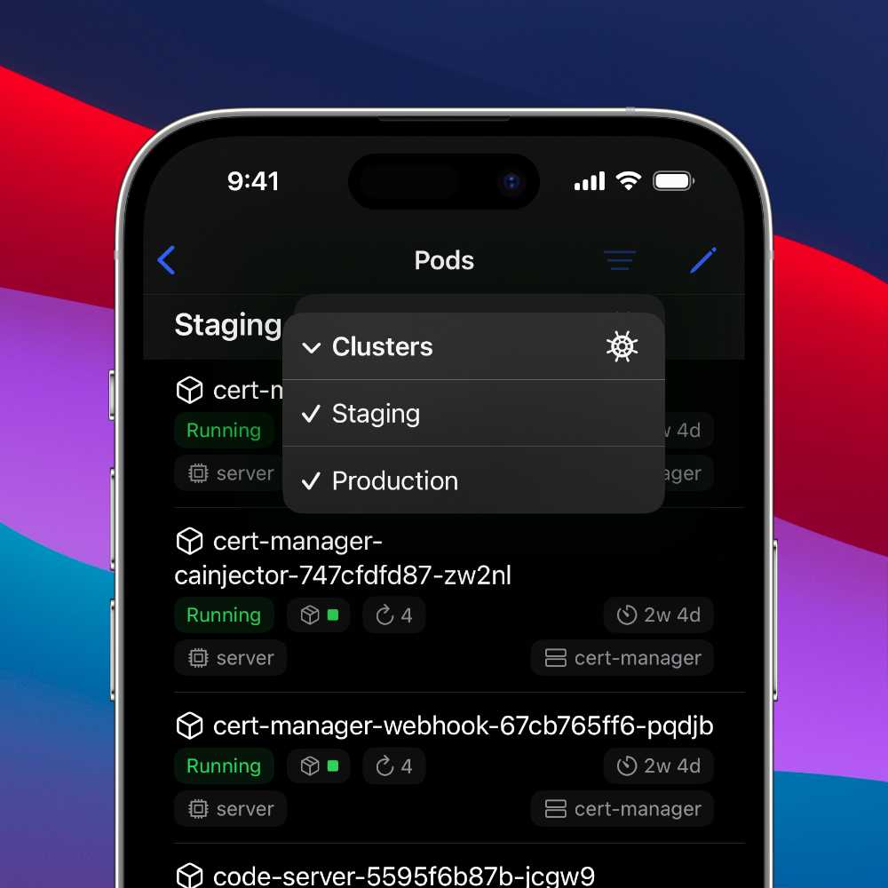 An iPhone showing a list of pods and a multi-selection menu for clusters