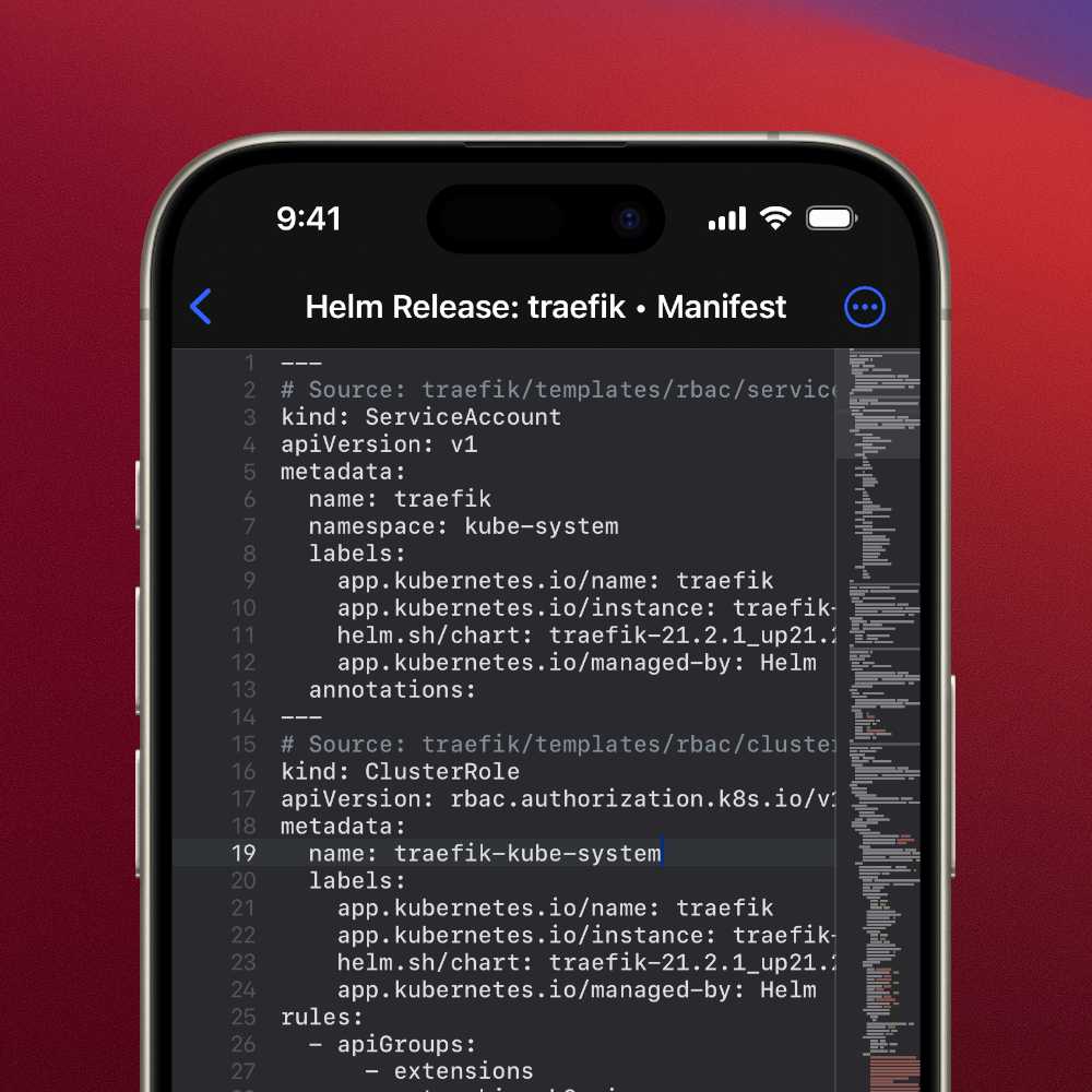 An iPhone showing a text editor with a minimap editing Kubernetes YAML