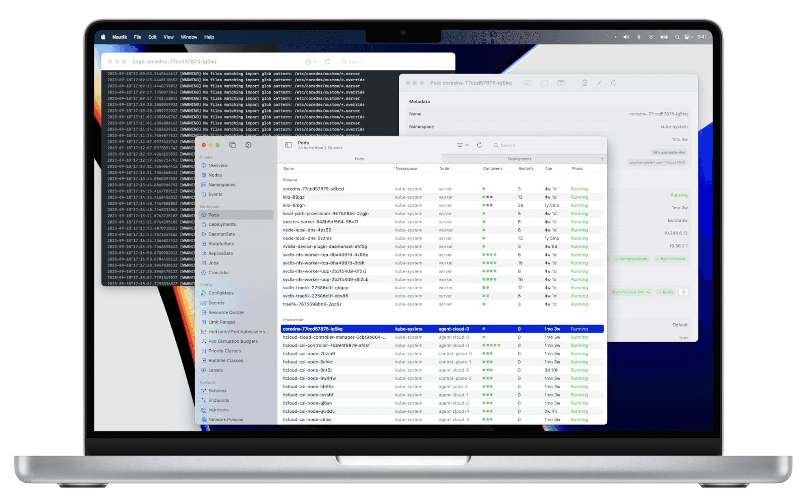 A 14" MacBook Pro showing the app's main window in the front and a pod detail view and a pod's logs in two separate windows in the back