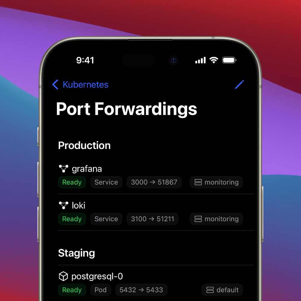 An iPhone showing a list of Kubernetes port forwardings