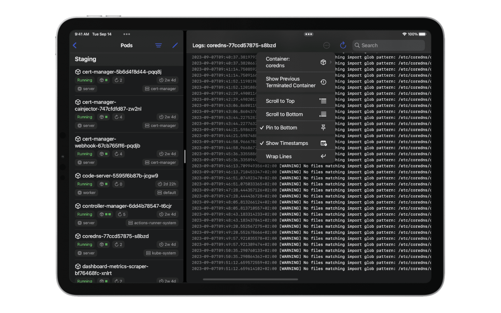 An iPad showing the app's pod list on the left and a pod's logs on the right in split view