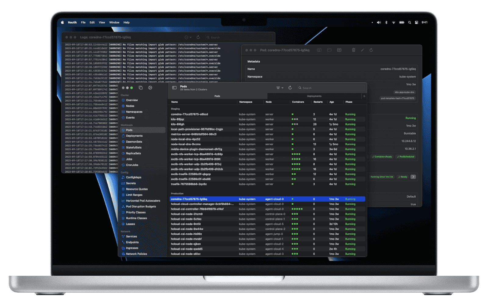 A 14" MacBook Pro showing the app's main window in the front and a pod detail view and a pod's logs in two separate windows in the back