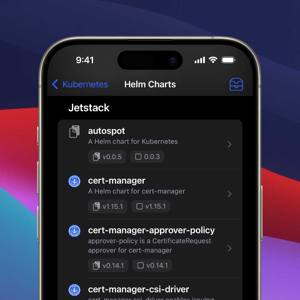 An iPhone showing a list of Helm charts