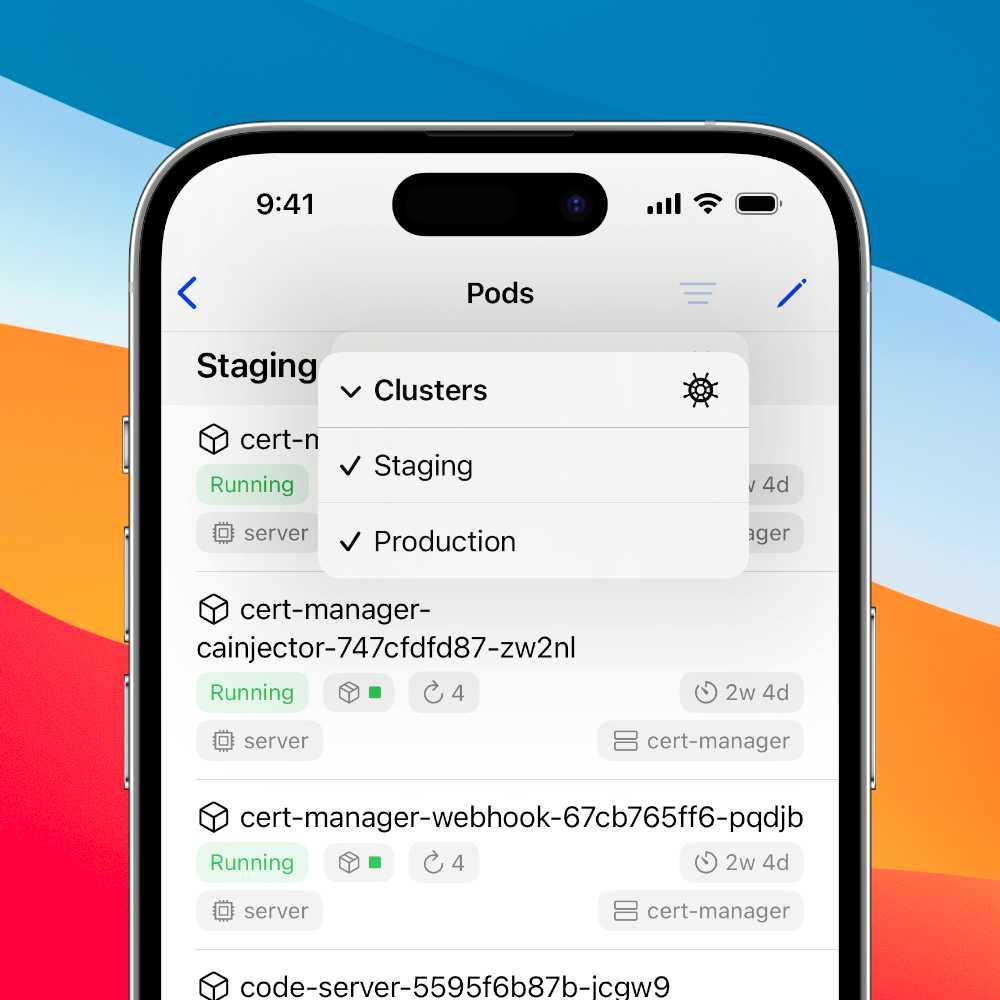 An iPhone showing a list of pods and a multi-selection menu for clusters