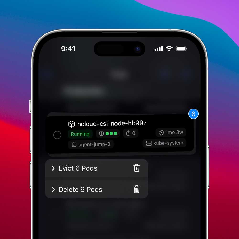 6 selected pods of a pod list on iOS with a context menu suggesting bulk operations on them