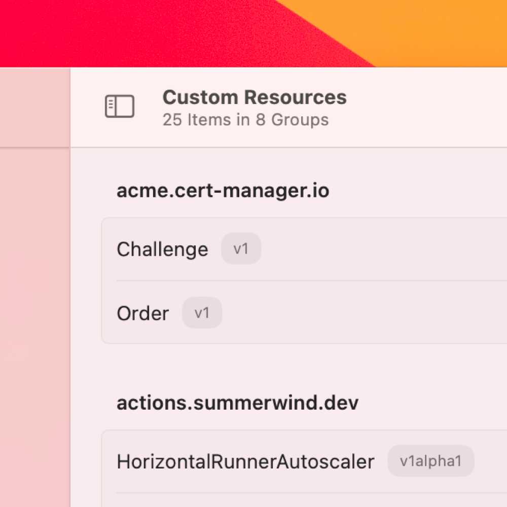 A macOS window showing a categorized list of Kubernetes CRDs