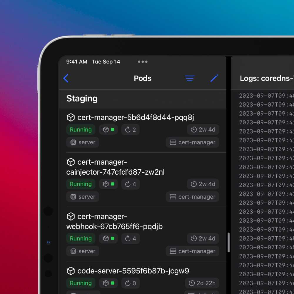 An iPad in split view showing a list of Kubernetes pods on the left and the logs of a pod on the right