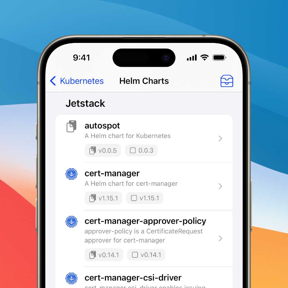 An iPhone showing a list of Helm charts